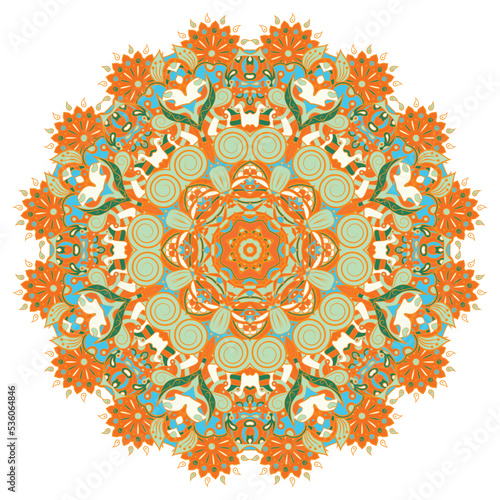 Mandala. Tracery wheel image. Mehndi design. Ethnic doodle art. Curved doodling picture. Vector