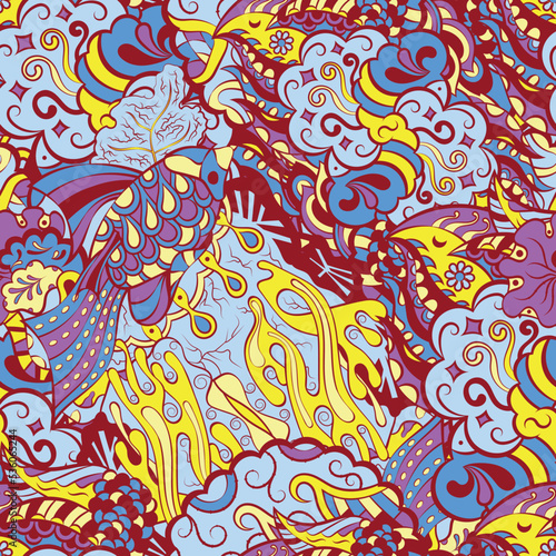 Tracery seamless pattern. Mehndi design. 6 colors. Ethnic doodle texture. Curved doodling background. Vector