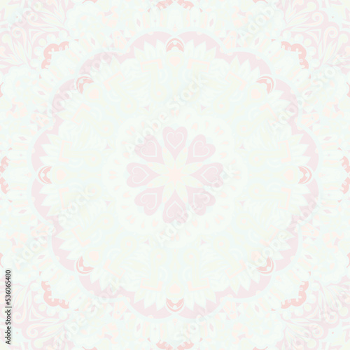 Seamless tile texture. Tracery mehndi design image. Pastel. Ethnic doodle art. Curved doodling picture. Vector