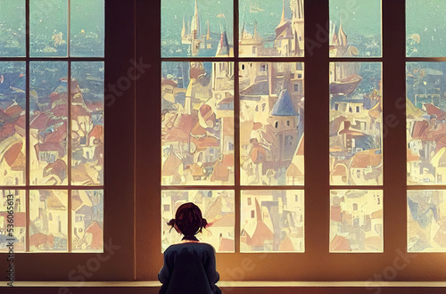 young little woman watching out the window to a fairytale city