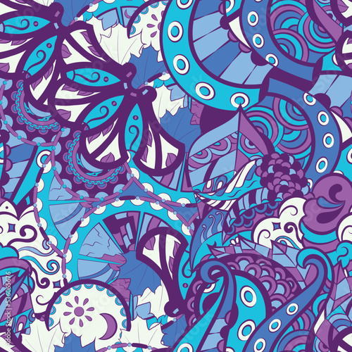 Tracery seamless pattern. Mehndi design. 6 colors. Ethnic doodle texture. Curved doodling background. Vector