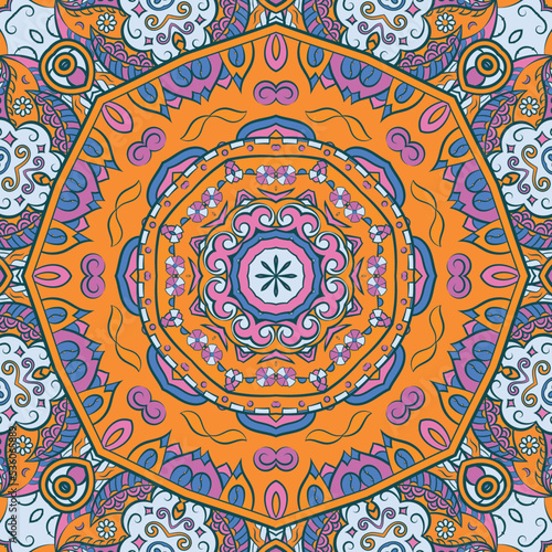 Seamless tile texture. Tracery mehndi design image. Ethnic doodle art. Curved doodling picture. Vector