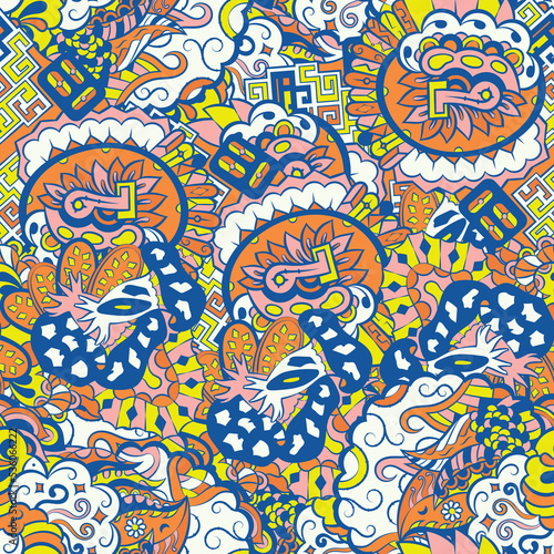 Tracery seamless pattern. Mehndi design. 6 colors. Ethnic doodle texture. Curved doodling background. Vector