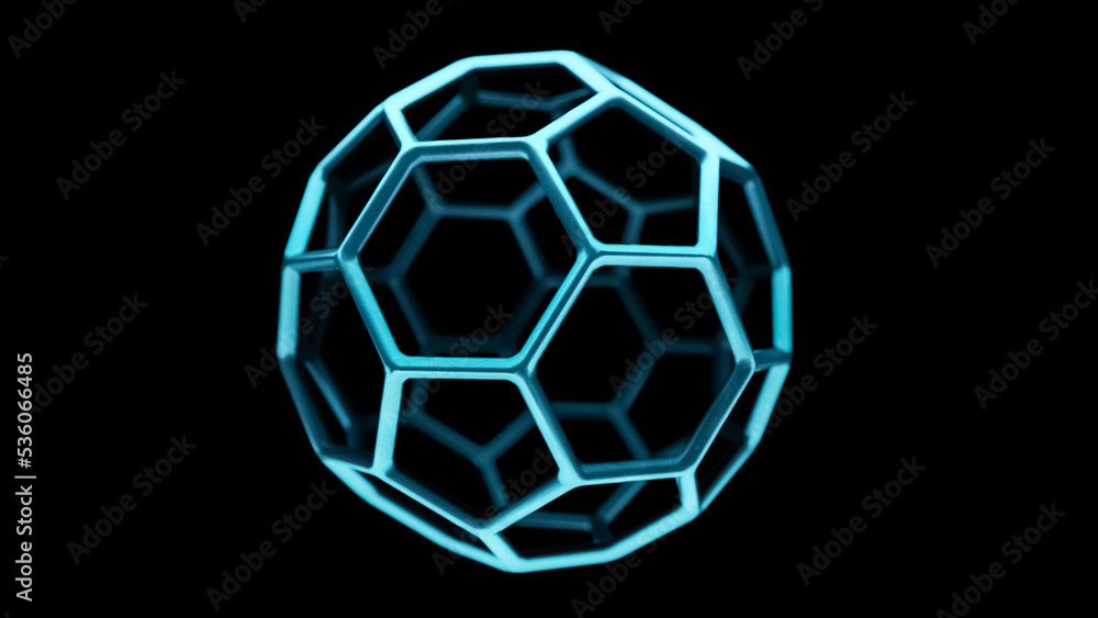 Blue Buckminsterfullerene C60 Molecule model, allotrope of fullerene carbon atoms, round sphere with hexagonal rings or mesh, molecular 3D illustration on black background