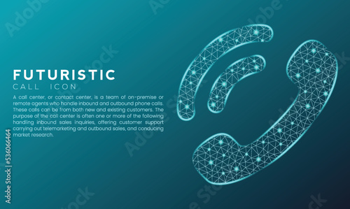 Blue futuristic phone call icon concept with polygon node connected dots and neon effect