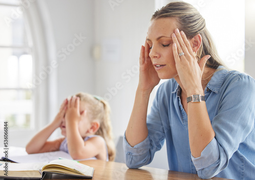 Billede på lærred Stress, anxiety and copy with a mother and girl together in their home suffering from a headache or migraine