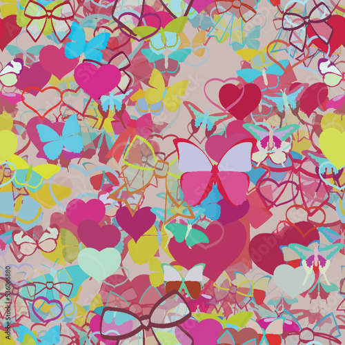 Background pattern abstract seamless design texture. Theme is about Red Admiral, various, hearts, silhouette