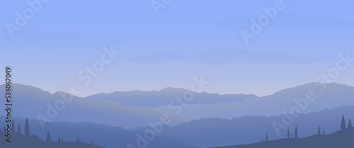 blue mountain landscape vector with fog and tree background abstract. vector illustration. flat blue monochrome mountain hill panoramic scenery vector background