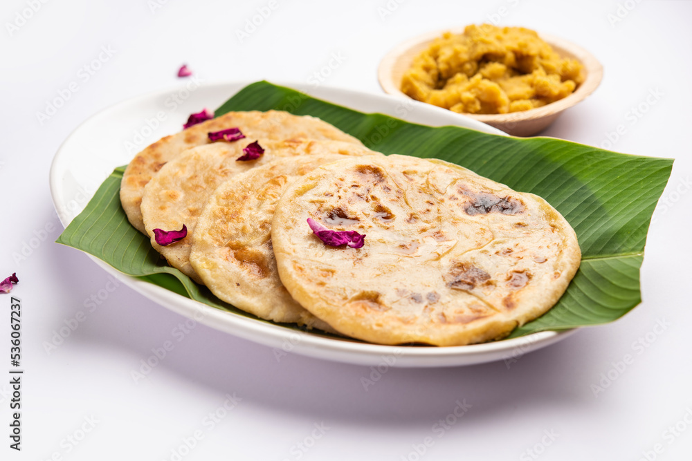 Puran poli, Puran roti, Holige, Obbattu, or Bobbattlu, is Indian sweet flatbread from Maharashtra