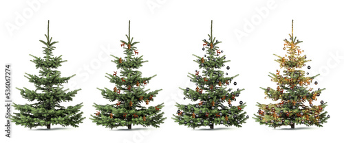 Freigestellter dekorierter Weihnachtsbaum vor weißem Hintergrund
