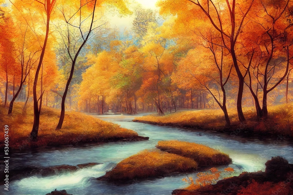 River in the autumn forest. Autumn forest river landscape. River in autumn forest. Autumn river in forest