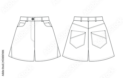 Fashion technical drawing of denim flared shorts