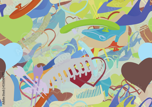Background pattern abstract seamless design texture. Theme is about ladies, high heels, lace, comb, love, slingback shoes