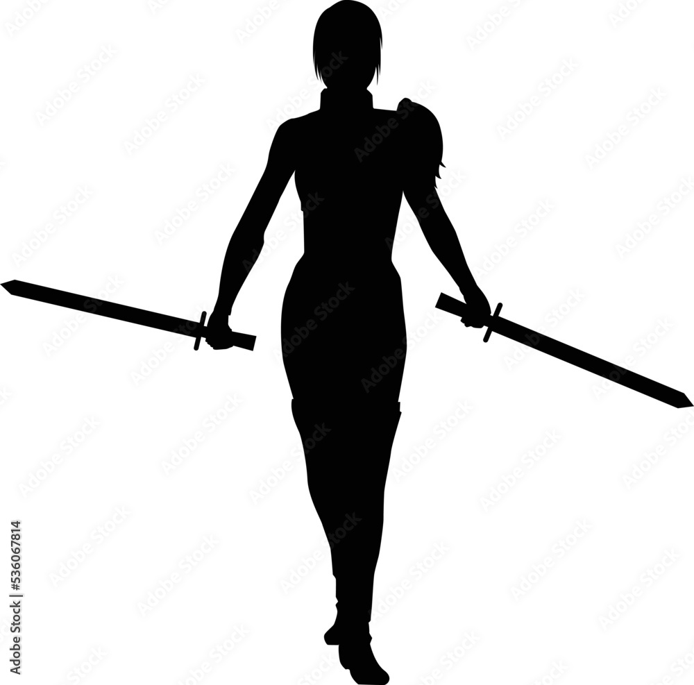silhouette female warrior holding sword and spear in both hands Stock ...