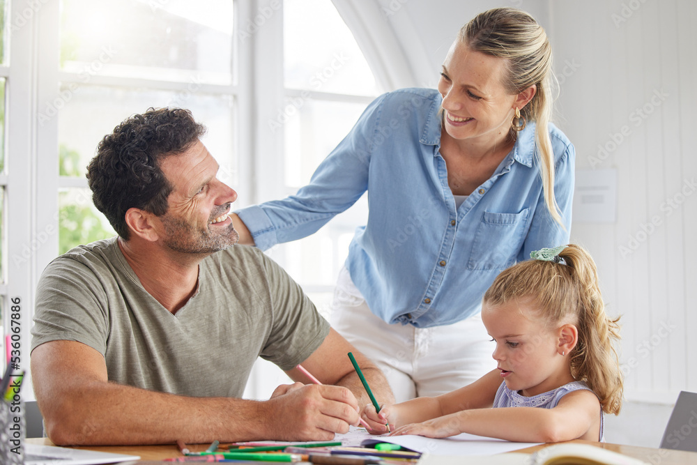 Support, learning and parents teaching child for home education, knowledge and mind development. Mother, father and girl or kindergarten kid drawing or writing in notebook for family care and help Support, learning and parents teaching child for home education, knowledge and mind development. Mother, father and girl or kindergarten kid drawing or writing in notebook for family care and help
