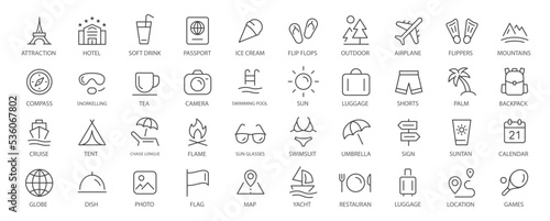 Travel and tourism set. Set of travel icons. Summer, vacation, beach elements. Tourism simple icon collection. Big UI icon set in a flat design. Vector illustration
