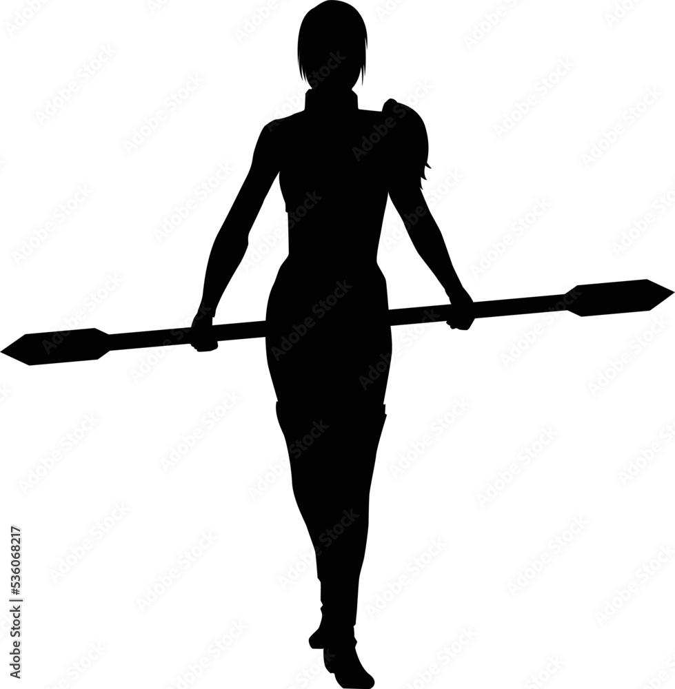 silhouette female warrior holding sword and spear in both hands silhouette female warrior holding sword and spear in both hands