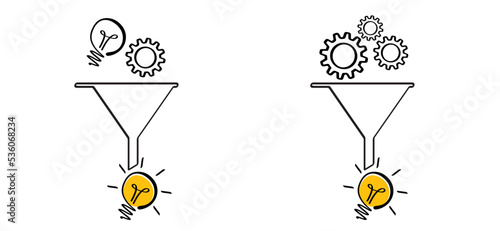 Cartoon funnel withe brain electric lamp idea and cogwheels chaos. lightbulb, cog symbol or logo. funnels symbol. Think, chaos to brilliant ideas. Light bulb and gear mechanism settings tools.