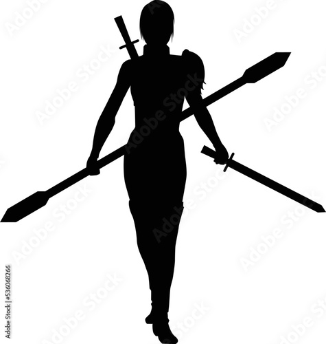 silhouette female warrior holding sword and spear in both hands photo