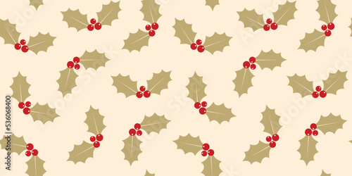 Seamless pattern with gold holly leaves and berries, winter decor. Christmas background in flat style. 