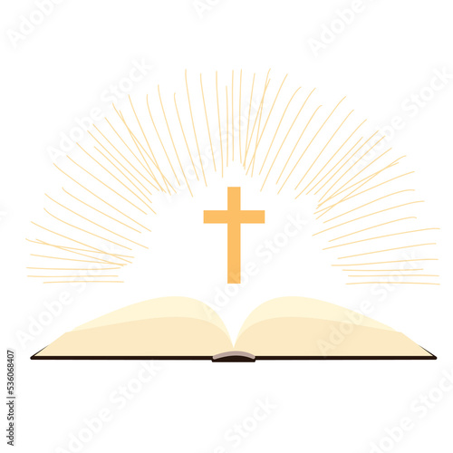 Bible concept. Light bright from open book holy bible and Christian cross. Vector illustration.