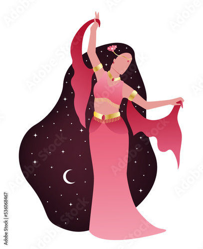 Beautiful woman with space hair dancing