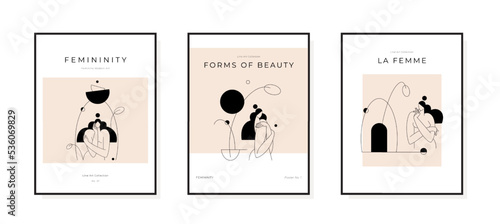 Contemporary abstract poster collection. Nude female body, woman silhouette, minimalist feminine boho design. Mid century, Beauty, Femininity concept, print set for wall art decor. Vector illustration