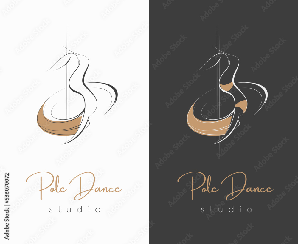 Pole dance studio logo or icon. Beautiful woman with long hair dancing on a pole upside down.  - obrazy, fototapety, plakaty 