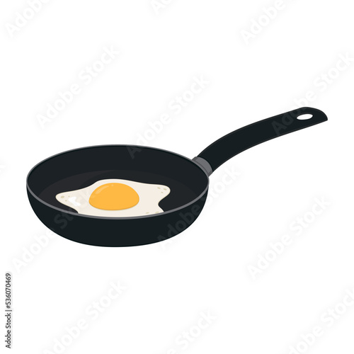 Fried egg in a black frying pan, color vector illustration