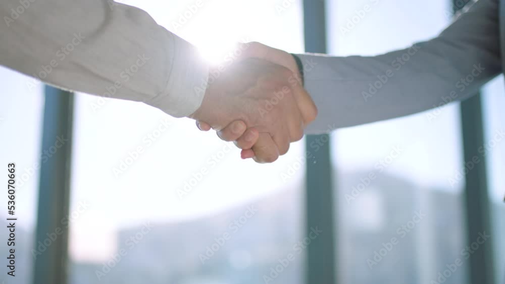Handshake, partnership and trust in support, teamwork or deal together against a blurred background. Business people shaking hands in agreement, success and help in company b2b or meeting welcome
