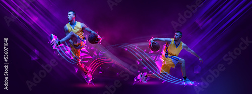 Sport poster with young professional basketball players in motion with basketball ball over dark background with neon polygonal elements. Concept of sport, enegry © master1305