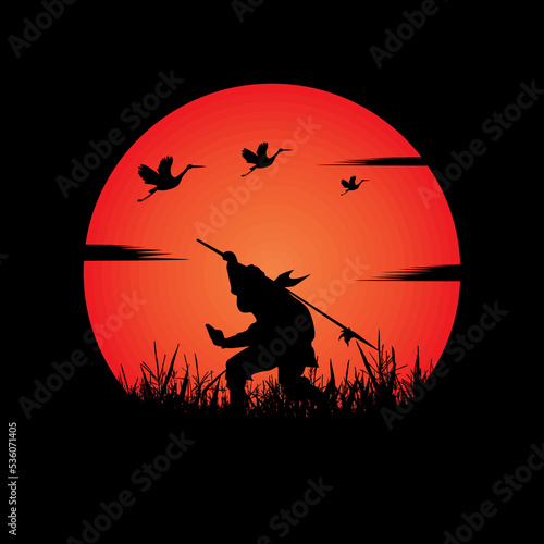 Ninja, Assassin, Samurai training at night on a full moon