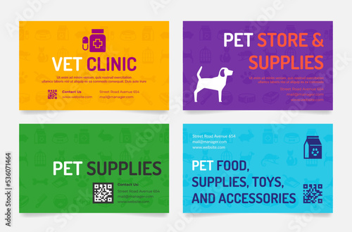 Pet store business card set vector illustration. Vet service shop supplies for domestic animal