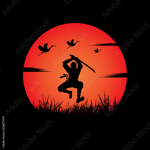 Ninja, Assassin, Samurai training at night on a full moon
