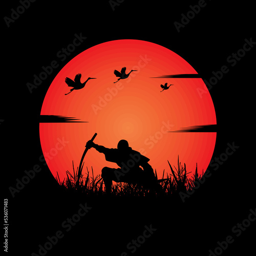 Ninja, Assassin, Samurai training at night on a full moon