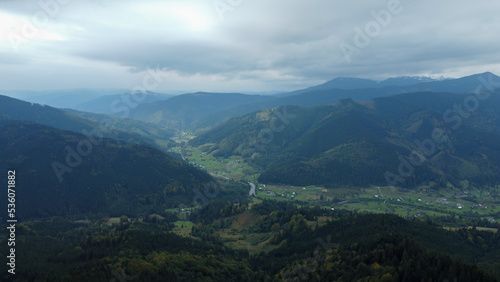 Panorama of the mountains. Rainy sky. Beautiful panorama of the autumn Carpathian maountains.