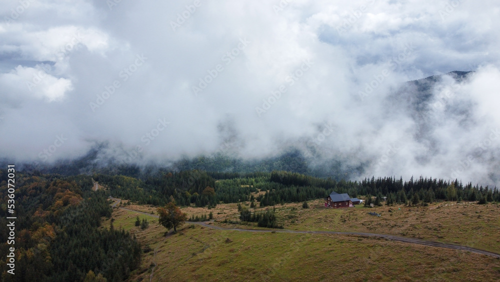 Panorama of the mountains. Rainy sky. Beautiful panorama of the autumn Carpathian maountains.