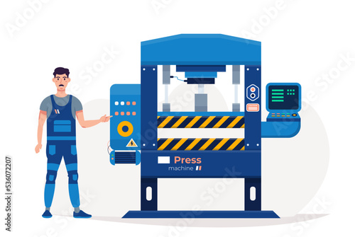 Machine press and operator isolated. Forming press. Industrial equipment flat vector illustration.