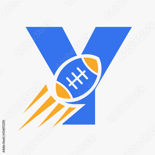Letter Y Rugby Logo Concept With Moving Rugby Ball Icon. Rugby Sports Logotype Symbol Vector Template