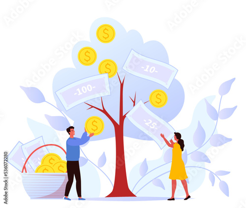 Profit on the investment, return, deposit concept. Income growth. People picking up money from the tree. Calculating benefits. Bank account profitable interest rate. Financial services