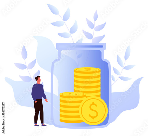 Money savings concept. Profit on the investment, deposit return. Businessman investing money. Finical consultation. Money on the bank account. Funding. Flat vector illustration