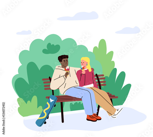 Man and woman on a date in the park, eating ice cream on the bench. Romantic dating, chat.  Girlfriend and boyfriend. Informal meeting. Flat vector illustration.