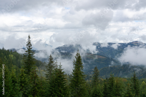 Fototapeta Naklejka Na Ścianę i Meble -  Low sky in the mountains. Autumn rain and fog on the mountain hills. Misty fall woodland.