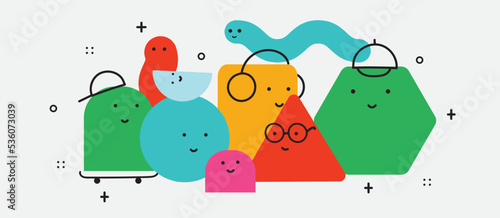 Vector illustration of geometric character shapes with face emotions, cute colorful shape for children education.