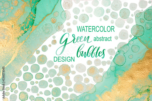 Watercolor Abstract Background with Green and Gold Bubbles