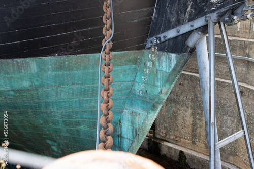 Anchor chain of historical battleship in dry dock