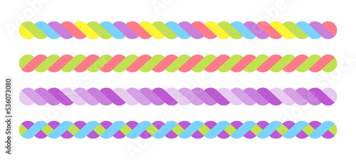Set of border graphic lines in the shape of colorful ropes or twisted twists as they intersect.