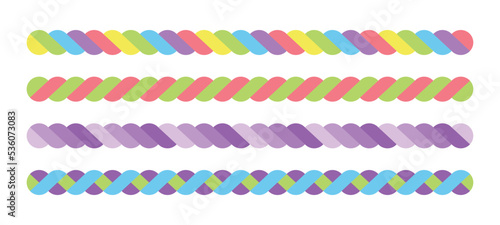 Set of border graphic lines in the shape of colorful ropes or twisted twists as they intersect.