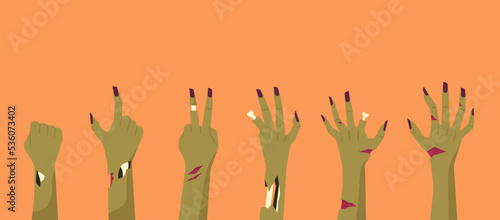 zombie counting hands one to five numbers rising out from the graveyard, banner of Halloween scary grave bloody and bones arms monster and undead, isolated vector flat illustration