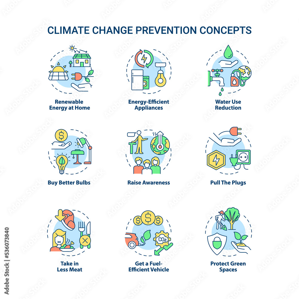 Fototapeta premium Climate change prevention concept icons set. Avoid global warming idea thin line color illustrations. Isolated outline drawings